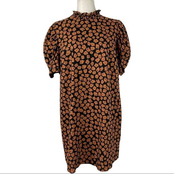 Who What Wear Stamped Floral Shift Dress Black Linen Blend Medium Puff Shoulders - Picture 3 of 16